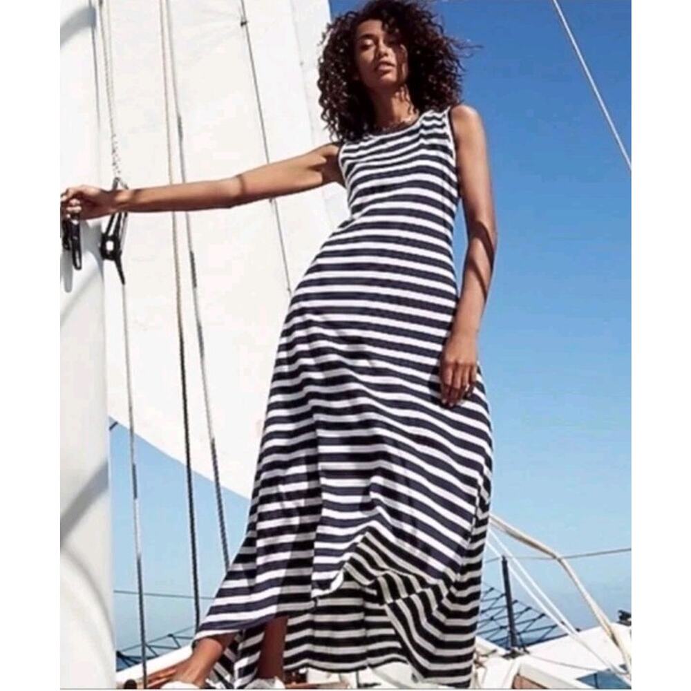 J Crew Women's Nautical Striped Jersey Knit Maxi Dress‎ Sz M Coastal Hi Low